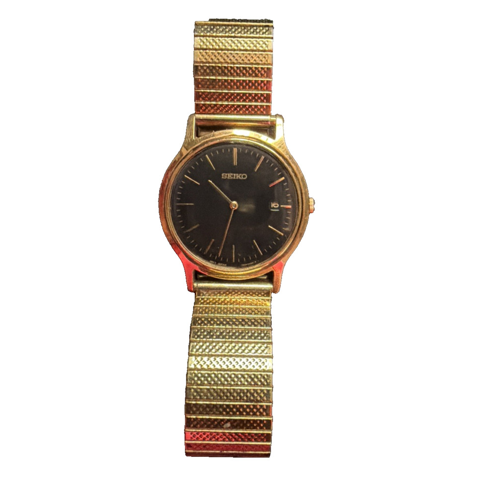 Vintage Seiko Gold Tone Quartz Watch Black Dial Date Stretch Band